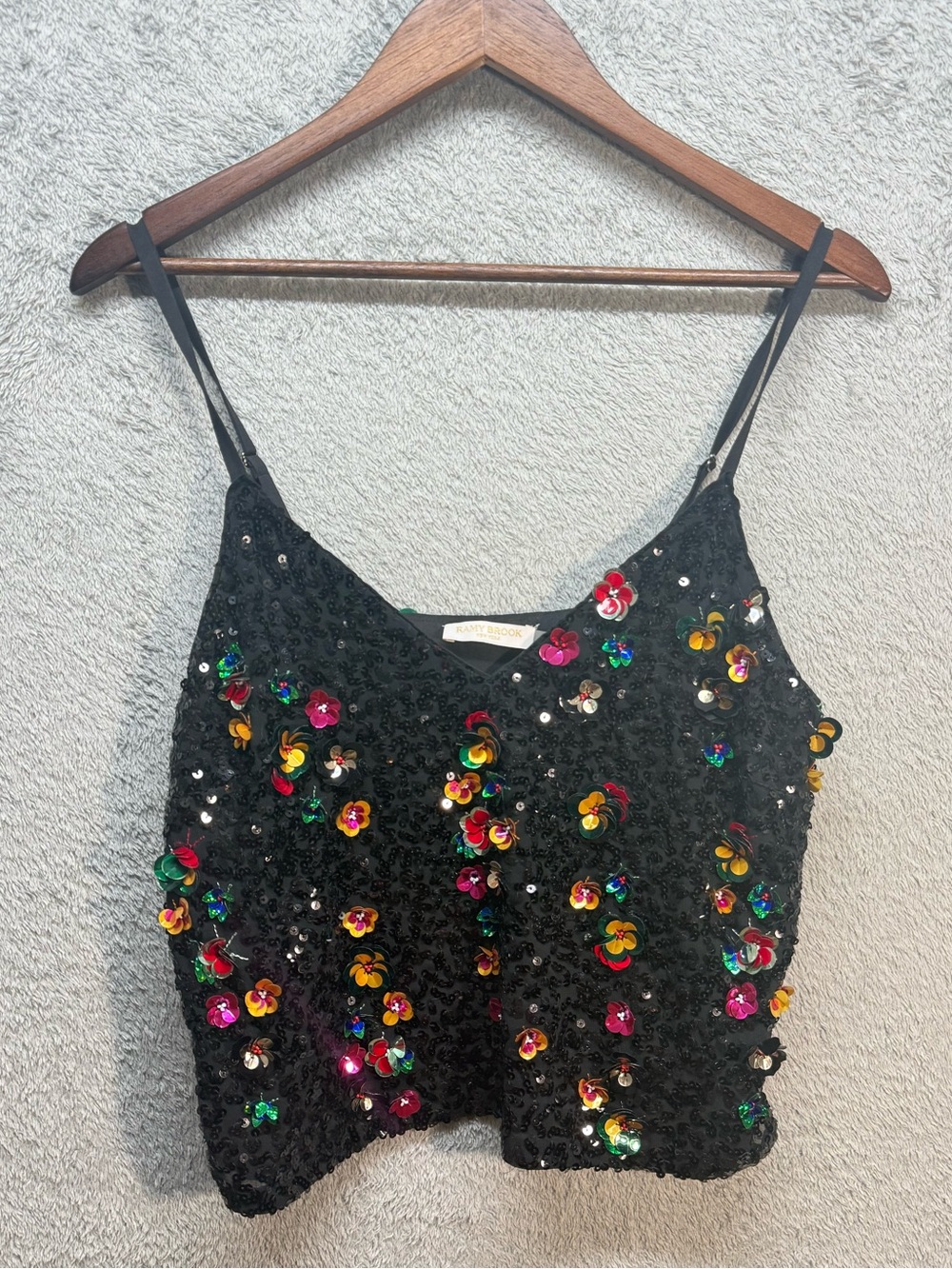 Ramy Brook Anita Floral Sequin Camisole Tank Top Black Combo